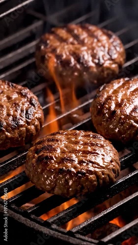 Juicy beef patties are cooking over an open flame on a hot metal grill grate