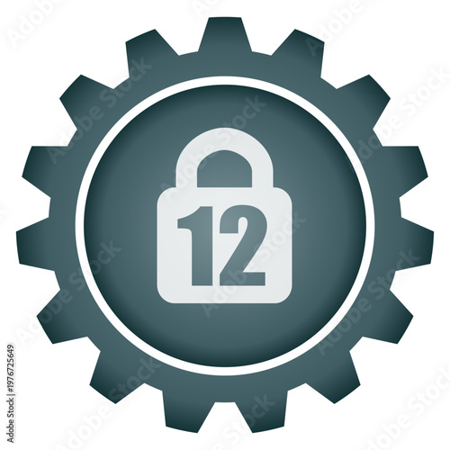 Age restriction 12 plus warning icon inside gear wheel security padlock symbol vector png illustration