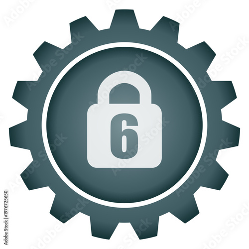 Age restriction 6 plus warning icon inside gear wheel security padlock symbol vector png illustration