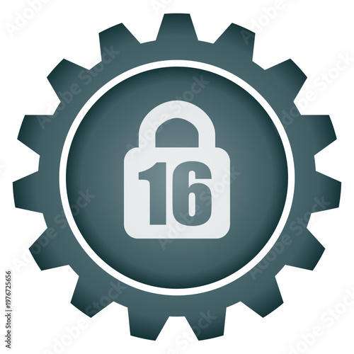 Age restriction 16 plus warning icon inside gear wheel security padlock symbol vector png illustration