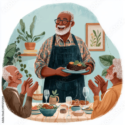 Warm family gathering around a table. Old man smiles, proudly presenting a dish. Two elderly guests clap, clearly delighted. Lush greenery and framed art add cozy charm. Perfect for depicting joyful