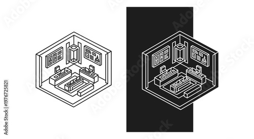 Isometric office interior vector, modern workspace line art illustration, black and white business meeting room design, corporate workstation layout
