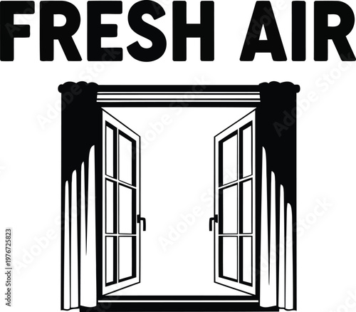 Fresh air open window with curtains black and white