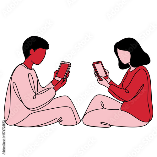 Couple Sitting and Using Smartphones Illustration