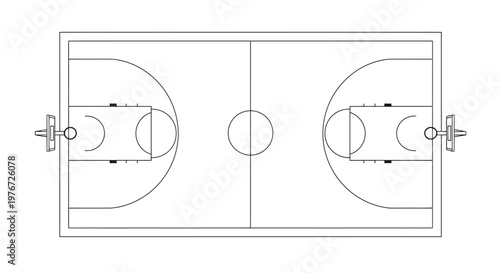 Overhead view of a basketball court with marked lines and hoops