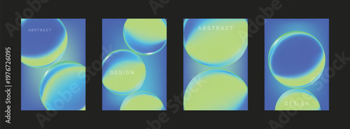 Set abstract poster 3d with gradient background cover and technology glass science. Green shape circle with abstract poster idol and graphic conference template. Vector blue poster with liquid.