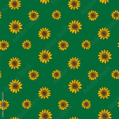 Seamless Pattern with Sunflower Design on Green Background. Hand Drawn Vector Illustration. 