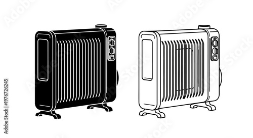 Two electric oil filled radiator heaters in black and white line art