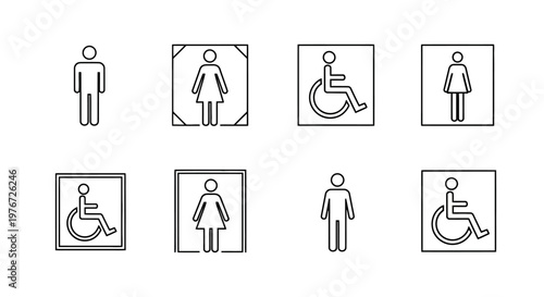 Line art icons depicting various restroom and accessibility symbols