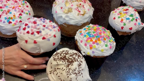 Easter cake decorating top view, traditional paska cakes for Orthodox Easter