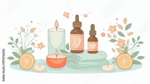 A cute cartoon Style ofA luxury spa setting with candles and essential oils