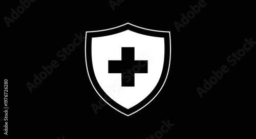 A white shield with a black medical cross symbol on a dark background