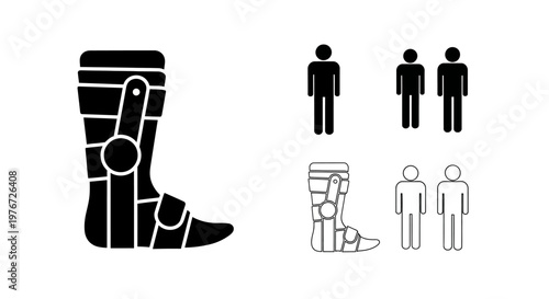 Medical icons depicting a leg cast crutches and people with injuries