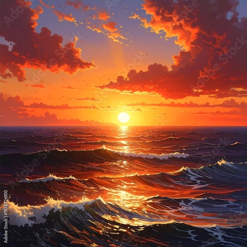 Vibrant ocean sunset with warm colors and gentle waves