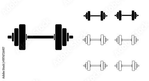 Black barbell and dumbbell set icons in varying perspectives