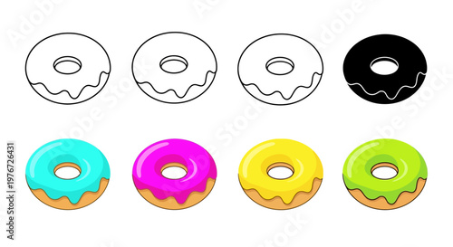 A collection of donuts ranging from line drawings to brightly colored designs