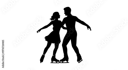 Silhouette of a couple ice skating embracing a graceful dance on ice