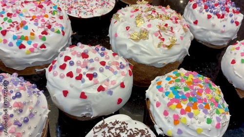 Easter cake decorating top view, traditional paska cakes for Orthodox Easter