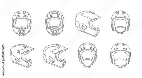 Line art illustration of various motorcycle and sports helmets displayed in a grid