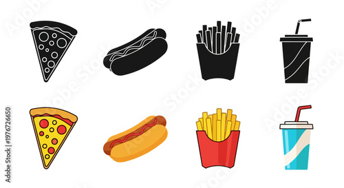 Fast food icons pizza hotdog french fries and soda in two styles