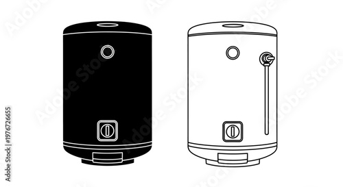 Two water heaters one black one white shown in a simple line drawing