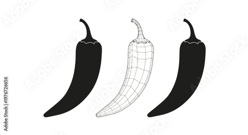 Three chili peppers solid wireframe and solid depictions