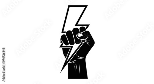 A clenched fist powerfully grasping a bold lightning bolt symbol