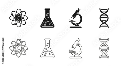Scientific icons depicting atoms flasks microscopes and dna structures