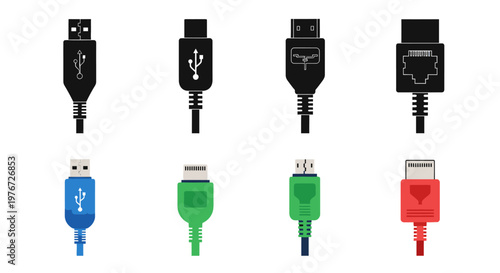 Variety of computer connector ports in black and colored designs