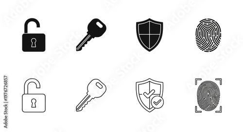 Security icons depicting locks keys shields and fingerprint scanning