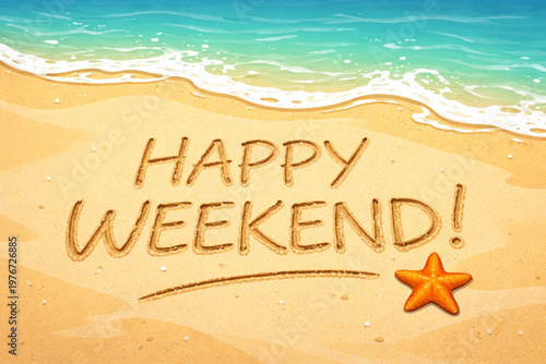 Happy Weekend Handwritten Text in Sand Beach Vector