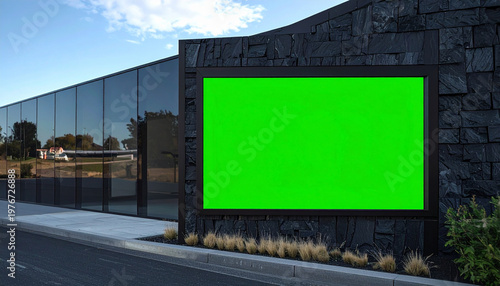 A large horizontal green screen display mounted on a textured black slate wall of a contemporary glass building outdoors under a clear blue sky