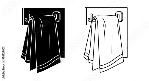 Black and white illustration of a towel hanging on a bathroom hook