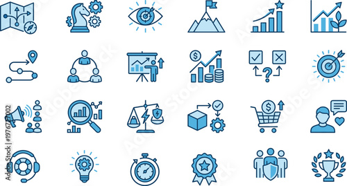Business strategy icons, corporate planning vector, productivity tools, marketing elements, growth analytics symbols, blue tone design, teamwork visuals, decision-making graphics, success concept set