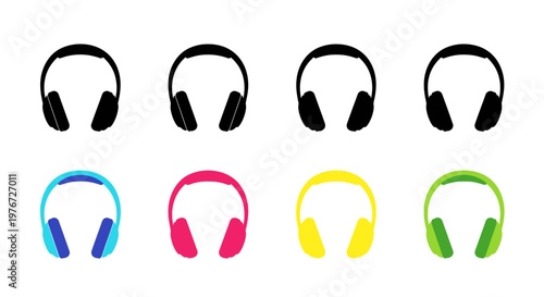 Colorful headphone icons displayed in a grid arrangement on a white background