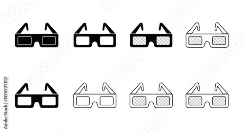 A collection of black and white 3d glasses icons in various styles