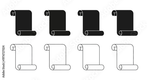 Stylized scrolls in black and white displayed in various orientations