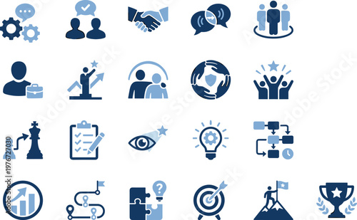 Business Strategy, Leadership, and Teamwork Icon Set Featuring Collaboration, Goal Achievement, Problem Solving, Success, Partnership, and Corporate Management Concepts, Vector.