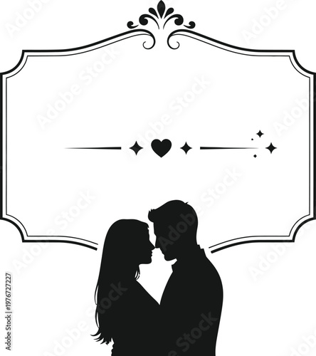 Elegant frame with silhouette of couple romantic wedding or anniversary design