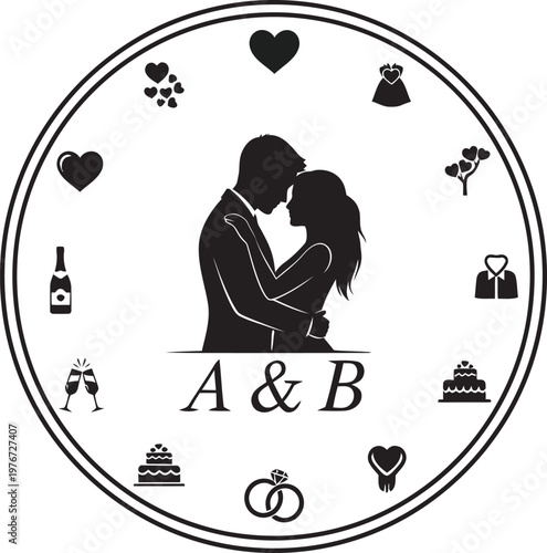 Romantic couple silhouette within a circular wedding stamp design