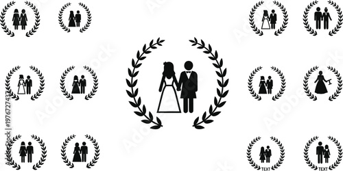 Multiple restroom signage with wedding silhouette in laurel wreath