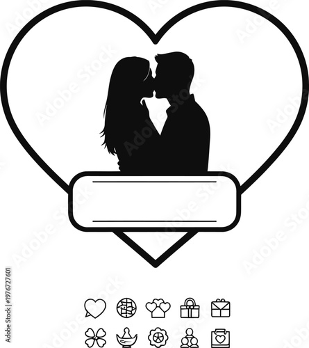 Romantic silhouette couple within a heart shape black and white design