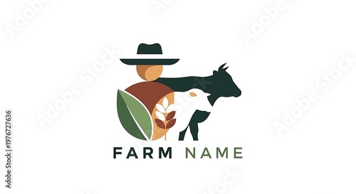 Farm logo design featuring farmer silhouette cow and wheat illustration
