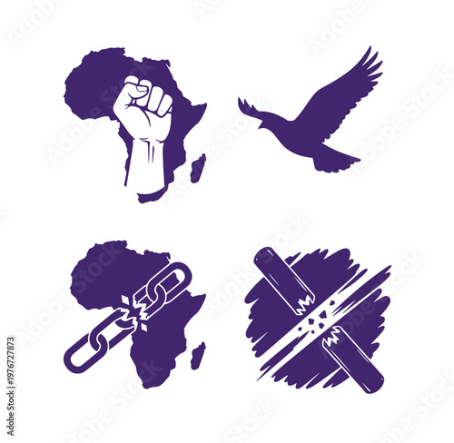 African continent symbols of freedom and resistance icons set with fist chain bird and brush stroke isolated on white background