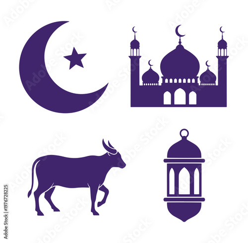 Islamic symbols and animals in purple silhouette on white background