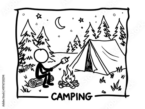 Cute stick man roasting marshmallows by a campfire under a crescent moon. Clean line art for camping gear brochures or summer holiday graphics.