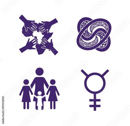 Purple icons of people and symbols for family and diversity on white background