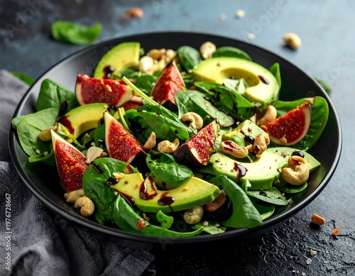 Close-up of gourmet salad with spinach, avocado, figs, and cashews in a bowl