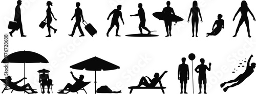 Diverse human silhouettes engaged in travel leisure and water activities