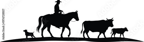 Cowboy on horse with cattle and dog silhouette calf
